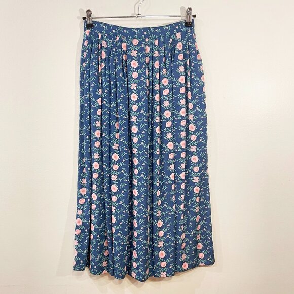 EUC Vintage Susan Bristol Floral Cottagecore Midi Skirt Blue Pink Small - Picture 1 of 6